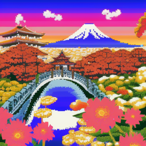 Tokyo with lots of flowers in foreground, incredible pixel art details, 4k, Intricate Details, Wallpaper, Pixel Art, 3D art