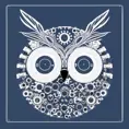 Portrait of an owl, indigo blue, simple and clean vector, no jagged lines, vector art, smooth, made all with grey colored gears inspired by future technology, Highly Detailed, Vintage Illustration, Steampunk, Digital Illustration, Smooth, Vector Art, Colorful