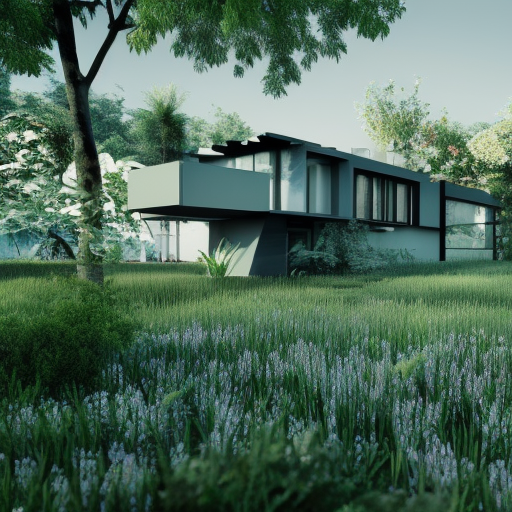 Surreal modern house, lots of greenery and flowers, 8k, Octane Render