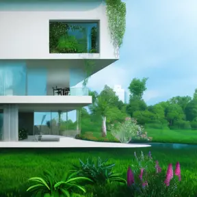 Surreal modern house, lots of greenery and flowers, 8k, Octane Render