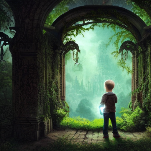 A boy looking at a dimensional portal in the hidden garden, Hyper Detailed, Intricate, Artstation, Gothic and Fantasy, Vintage Illustration, Epic, Sharp Focus, Smooth, Ray Tracing, Concept Art