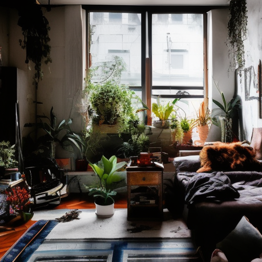 Room with lots of furniture, wall art, plants, flowers, cozy, chaotic, messy, disheveled.  apartment interior design, marble floor, High ceilings, Solarpunk, Cinematic Lighting, Photo Realistic, Art Deco, Cozy