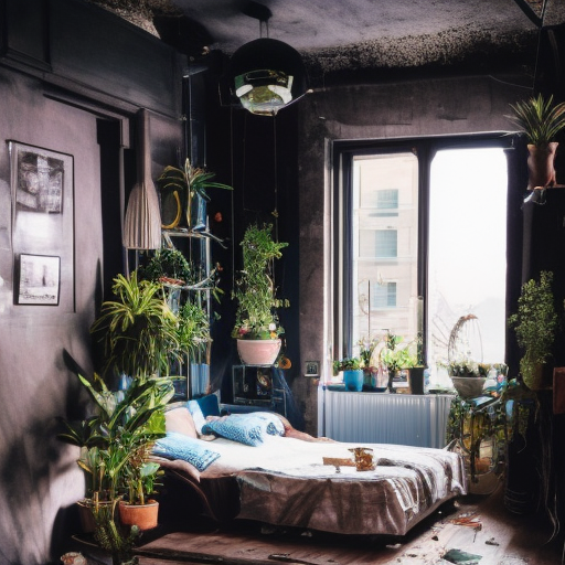 Room with lots of furniture, wall art, plants, flowers, cozy, chaotic, messy, disheveled.  apartment interior design, marble floor, High ceilings, Solarpunk, Cinematic Lighting, Photo Realistic, Art Deco, Cozy