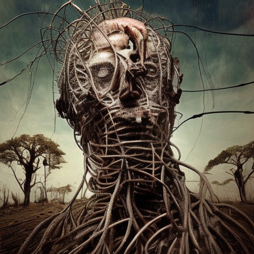 Still life of ribbed abandoned man face portrait on exoplanet in heaven, covered with roots, wires, tubes, organic flesh, meat, standing in a desolate empty wasteland, lit by a column of light from flying saucer ufo above, baroque painting, creepy, nightmare, dream-like heavy atmosphere, surreal abandoned buildings, baroque painting, artistic photography, chiaroscuro, 8k, Trending on Artstation, Photo Realistic, Octane Render, Chiaroscuro lighting, Pre-Raphaelite, Portrait