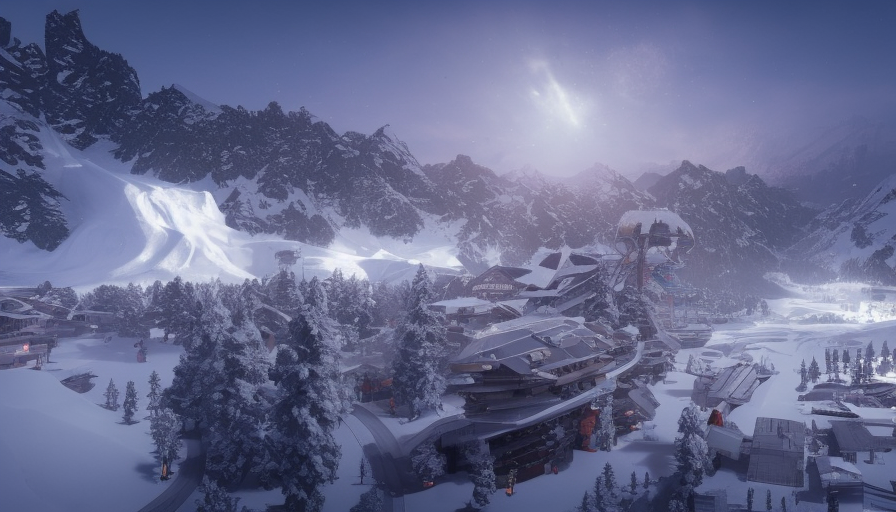 Sci-Fi Ski resort in switzerland, after heavy snowfall, maximalism, ambient occlusion, sun beam, atmospheric haze, Hyper Detailed, Artstation, Sci-Fi, Cinematic Lighting, Photo Realistic, Realistic, Volumetric light effect, Octane Render, Wide Angle, Ambient Occlusion