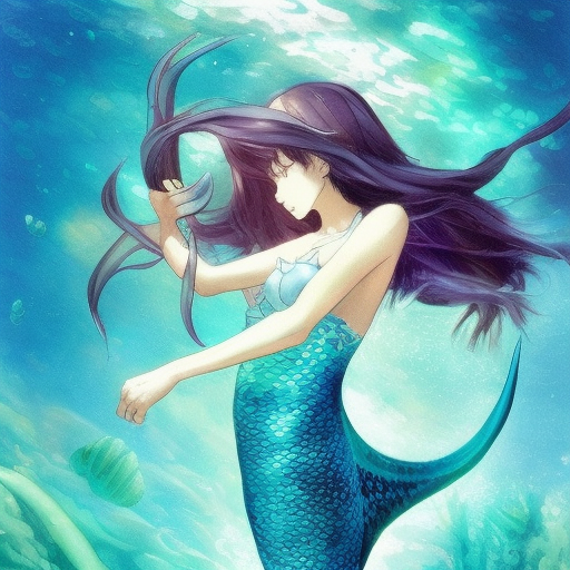 underwater scene full body shot deep sea under water mermaid wearing a mermaid tail costume with clam shell top, anime, strong impressionism paint style, strong expressiveness and emotionality, cinematic lighting, visual clarity, Animecore, Cinematic Lighting by Krenz Cushart, Miho Hirano