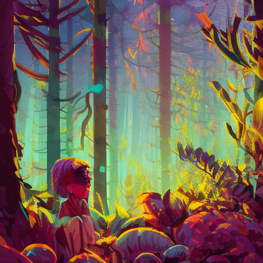 The house in the forest, dark night, leaves in the air, fluorescent mushrooms, animals, pop art patterns, exquisite lighting, Highly Detailed, Digital Painting, Sharp Focus, Contrasting Colors, Vibrant Colors by Jesper Ejsing, Atey Ghailan, James Gilleard, Ernst Haeckel, Lois van Baarle, Studio Ghibli