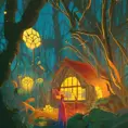 The house in the forest, dark night, leaves in the air, fluorescent mushrooms, animals, pop art patterns, exquisite lighting, Highly Detailed, Digital Painting, Sharp Focus, Contrasting Colors, Vibrant Colors by Jesper Ejsing, Atey Ghailan, James Gilleard, Ernst Haeckel, Lois van Baarle, Studio Ghibli