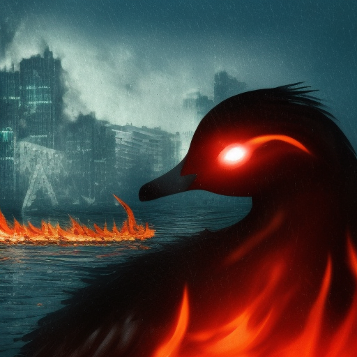A black swan with red eyes swimming in a sea by night, flames and burning buildings in the background, 4k, HQ, Cyberpunk, Concept Art
