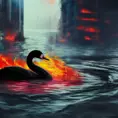 A black swan with red eyes swimming in a sea by night, flames and burning buildings in the background, 4k, HQ, Cyberpunk, Concept Art