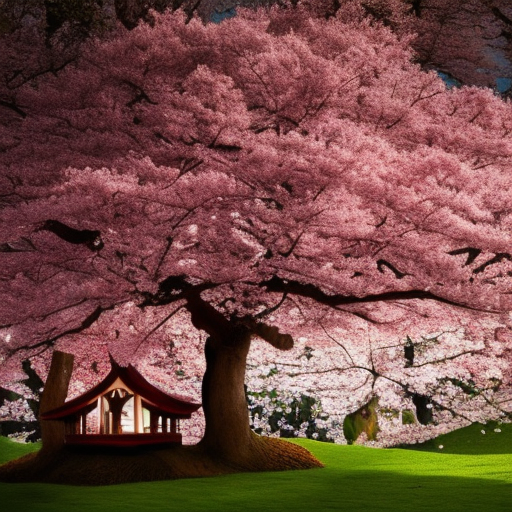 Cherry Blossom tree house, beautiful ornate treehouse in a gigantic pink cherry blossom tree on a high blue grey and brown cliff with light snow and pink cherry blossom trees, Intricate Artwork, Bokeh effect, Cinematic Lighting, Photo Realistic, Volumetric Lighting by Roger Deakins, Moebius, Alphonse Mucha