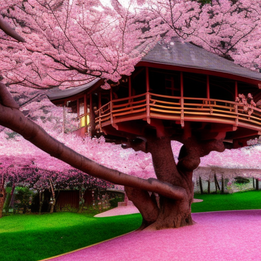 Cherry Blossom tree house, beautiful ornate treehouse in a gigantic pink cherry blossom tree on a high blue grey and brown cliff with light snow and pink cherry blossom trees, Intricate Artwork, Bokeh effect, Cinematic Lighting, Photo Realistic, Volumetric Lighting by Roger Deakins, Moebius, Alphonse Mucha