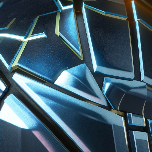 Closeup of futuristic metallic shield, dark blue, black and gold, Cybernatic and Sci-Fi, Digital Painting, Octane Render, Unreal Engine