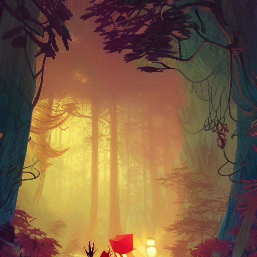 mystical forest in the dark night, leaves in the air, fluorescent patterns, exquisite lighting, Highly Detailed, Digital Painting, Sharp Focus, Contrasting Colors, Vibrant Colors by Jesper Ejsing, Atey Ghailan, James Gilleard, Ernst Haeckel, Lois van Baarle, Studio Ghibli