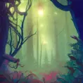 Mystical forest in the dark night, leaves in the air, exquisite fluorescent lighting, Highly Detailed, Digital Painting, Sharp Focus, Contrasting Colors, Vibrant Colors by Jesper Ejsing, Atey Ghailan, James Gilleard, Ernst Haeckel, Lois van Baarle, Studio Ghibli