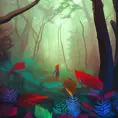 Mystical forest in the dark night, leaves in the air, exquisite fluorescent lighting, Highly Detailed, Digital Painting, Sharp Focus, Contrasting Colors, Vibrant Colors by Jesper Ejsing, Atey Ghailan, James Gilleard, Ernst Haeckel, Lois van Baarle, Studio Ghibli