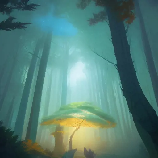 A serene mystical forest in the dark night, leaves in the air, exquisite fluorescent lighting, Highly Detailed, Digital Painting, Sharp Focus, Contrasting Colors, Vibrant Colors by Jesper Ejsing, Atey Ghailan, James Gilleard, Ernst Haeckel, Lois van Baarle, Studio Ghibli