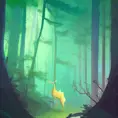 A serene mystical forest in the dark night, leaves in the air, exquisite fluorescent lighting, Highly Detailed, Digital Painting, Sharp Focus, Contrasting Colors, Vibrant Colors by Jesper Ejsing, Atey Ghailan, James Gilleard, Ernst Haeckel, Lois van Baarle, Studio Ghibli
