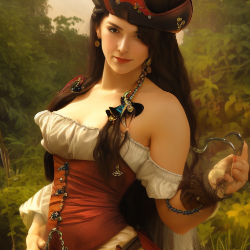 Alluring matte portrait of a beautiful female Pirate in a pirate outfit, 8k, Highly Detailed, Intricate, Half Body, Realistic, Sharp Focus, Volumetric Lighting, Fantasy, Elegant by Alphonse Mucha