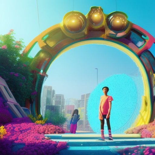 A ghetto in futuristic heaven with vibrant flowers and a magical space gate made of gold, 8k, High Resolution, Matte Painting, Neon by Beeple, Greg Rutkowski