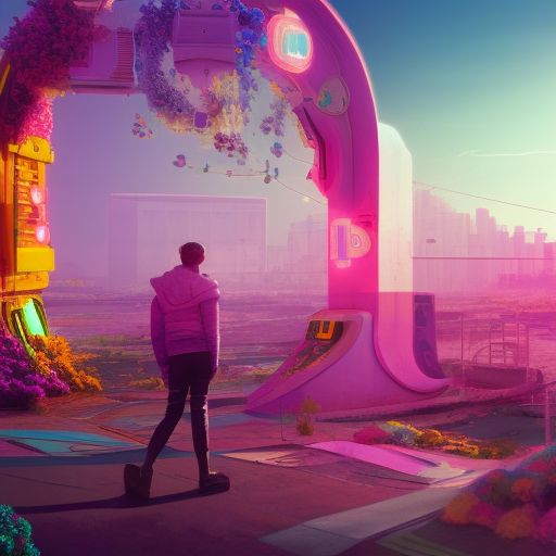 A ghetto in futuristic heaven with vibrant flowers and a magical space gate made of gold, 8k, High Resolution, Matte Painting, Neon by Beeple, Greg Rutkowski