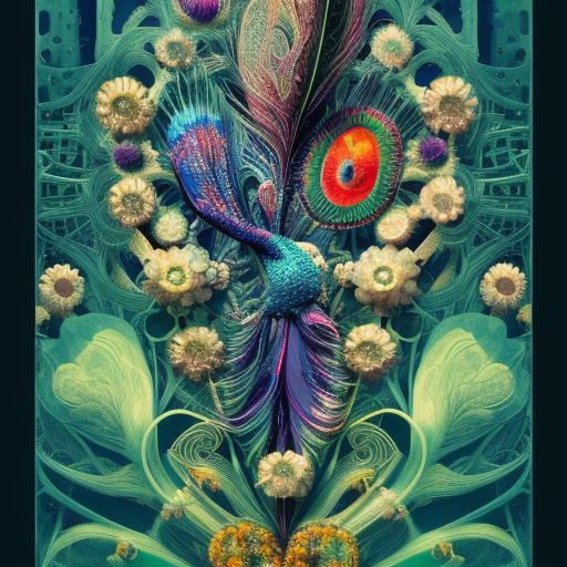Mechanical android flower, intricate patterns, vibrant peacock feathers, outrun, vaporware, Highly Detailed, Intricate, Artstation, Vintage Illustration, Digital Painting, Photo Realistic, Sharp Focus, Smooth, Film Still, Elegant, Vibrant, Baroque by Ernst Haeckel, James Jean