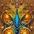 Mechanical android flower, intricate patterns, vibrant peacock feathers, outrun, vaporware, Highly Detailed, Intricate, Artstation, Vintage Illustration, Digital Painting, Photo Realistic, Sharp Focus, Smooth, Film Still, Elegant, Vibrant, Baroque by Ernst Haeckel, James Jean