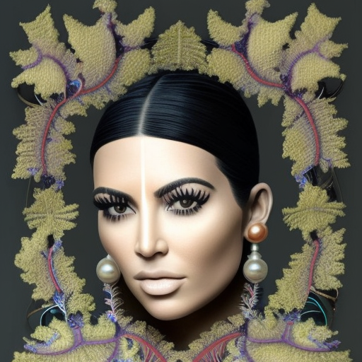 A beautiful porcelain profile kim kardashians face coming out of a wall complex, biomechanical cyborg, analog, 150 mm lens, big leaves and stems, roots, fine foliage lace, colorful details, massai warrior, Alexander Mcqueen high fashion haute couture, pearl earring, fashion embroidered, mesh wire, mandelbrot fractal, anatomical, facial muscles, cable wires, microchip, 8k, Intricate Details, Ultra Detailed, Steampunk, 3D Rendering, Octane Render, Natural Light, Volumetric Lighting, Art Nouveau, Elegant, Soft Lighting by H. R. (Hans Ruedi) Giger