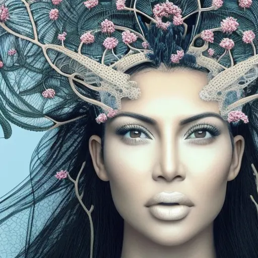A beautiful porcelain profile kim kardashians face coming out of a wall complex, biomechanical cyborg, analog, 150 mm lens, big leaves and stems, roots, fine foliage lace, colorful details, massai warrior, Alexander Mcqueen high fashion haute couture, pearl earring, fashion embroidered, mesh wire, mandelbrot fractal, anatomical, facial muscles, cable wires, microchip, 8k, Intricate Details, Ultra Detailed, Steampunk, 3D Rendering, Octane Render, Natural Light, Volumetric Lighting, Art Nouveau, Elegant, Soft Lighting by H. R. (Hans Ruedi) Giger