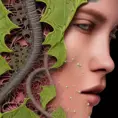 A beautiful porcelain profile face coming out of a wall complex, biomechanical cyborg, analog, 150 mm lens, big leaves and stems, roots, fine foliage lace, colorful details, massai warrior, Alexander Mcqueen high fashion haute couture, pearl earring, fashion embroidered, mesh wire, mandelbrot fractal, anatomical, facial muscles, cable wires, microchip, 8k, Intricate Details, Ultra Detailed, Steampunk, 3D Rendering, Octane Render, Natural Light, Volumetric Lighting, Art Nouveau, Elegant, Soft Lighting by H. R. (Hans Ruedi) Giger