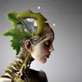 A beautiful porcelain profile face coming out of a wall complex, biomechanical cyborg, analog, 150 mm lens, big leaves and stems, roots, fine foliage lace, colorful details, massai warrior, Alexander Mcqueen high fashion haute couture, pearl earring, fashion embroidered, mesh wire, mandelbrot fractal, anatomical, facial muscles, cable wires, microchip, 8k, Intricate Details, Ultra Detailed, Steampunk, 3D Rendering, Octane Render, Natural Light, Volumetric Lighting, Art Nouveau, Elegant, Soft Lighting by H. R. (Hans Ruedi) Giger