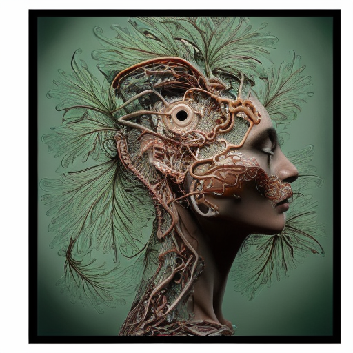 A beautiful complex porcelain profile face coming out of a wall, biomechanical cyborg, analog, 150 mm lens, big leaves and stems, roots, fine foliage lace, colorful details, massai warrior, high fashion haute couture, fashion embroidered, mandelbrot fractal, anatomical, cable wires, microchip, 8k, Intricate Details, Ultra Detailed, Steampunk, 3D Rendering, Octane Render, Natural Light, Volumetric Lighting, Art Nouveau, Elegant, Soft Lighting by H. R. (Hans Ruedi) Giger
