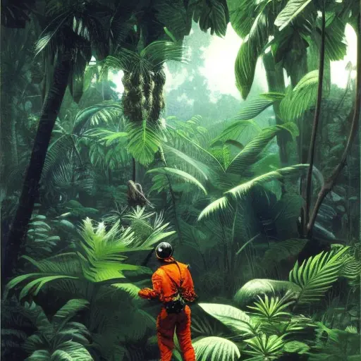 Astronaut in a Jungle, cold color palette, 8k, Highly Detailed, Matte Painting, Photo Realistic by Syd Mead