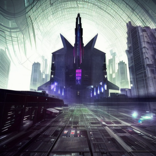 Cyberpunk Cathedral in a dystopian future, Dystopian, Cybernatic and Sci-Fi