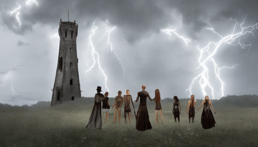 A Tower in the backround that is too tall to see, A lightning storm is occuring. and there is a campire with 5 people nearby, Gothic and Fantasy, Steampunk