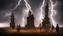 Nightime scene, A Tower in the backround that is too tall to see the top, A lightning storm is occuring. and there is a campire with 5 people nearby, Gothic and Fantasy, Steampunk
