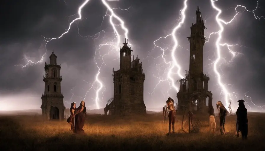 Nightime scene, A Tower in the backround that is too tall to see the top, A lightning storm is occuring. and there is a campire with 5 people nearby, Gothic and Fantasy, Steampunk