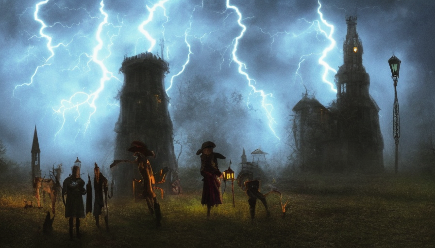 Nightime scene, A Tower in the backround that is too tall to see the top, A lightning storm is occuring. and there is a campire with 5 shadowy people nearby, Gothic and Fantasy, Steampunk