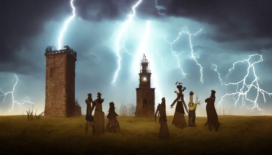 Nightime scene, A Tower in the backround that is too tall to see the top, A lightning storm is occuring. and there is a campire with 5 shadowy people nearby, Gothic and Fantasy, Steampunk