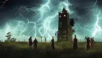Nightime scene, A Tower in the backround that is too tall to see the top, A lightning storm is occuring. and there is a campire with 5 shadowy people nearby, Gothic and Fantasy, Steampunk, Stormy Day, RPG, Fantasy, Bleak, Dark, Ominous
