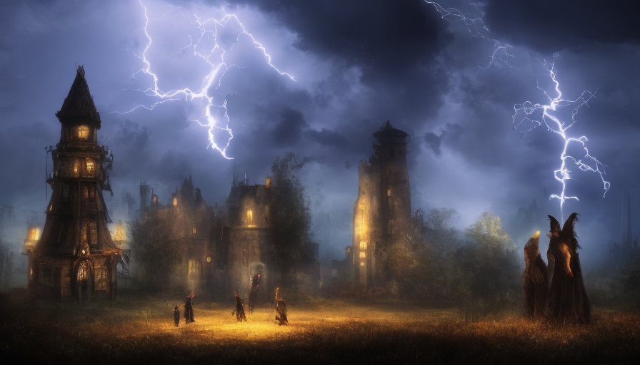 Nightime scene, A Tower in the backround that is too tall to see the top, A lightning storm is occuring. and there is a campire with 5 shadowy people nearby, Gothic and Fantasy, Steampunk, Stormy Day, RPG, Fantasy, Bleak, Dark, Ominous
