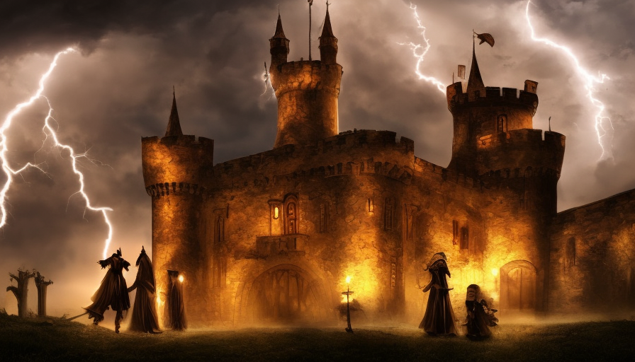 Nightime scene, An Extremely large castle with tower, A lightning storm is occuring. and there is a campire with 5 shadowy people nearby, Gothic and Fantasy, Steampunk, Stormy Day, RPG, Fantasy, Bleak, Dark, Ominous