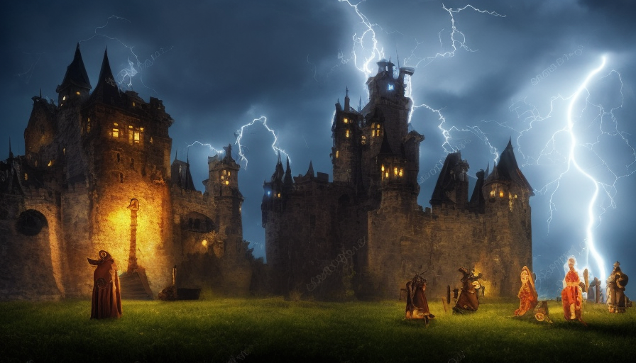 Nightime scene, An Extremely large castle with tower, A lightning storm is occuring. and there is a campire with 5 shadowy people nearby, Gothic and Fantasy, Steampunk, Stormy Day, RPG, Fantasy, Bleak, Dark, Ominous
