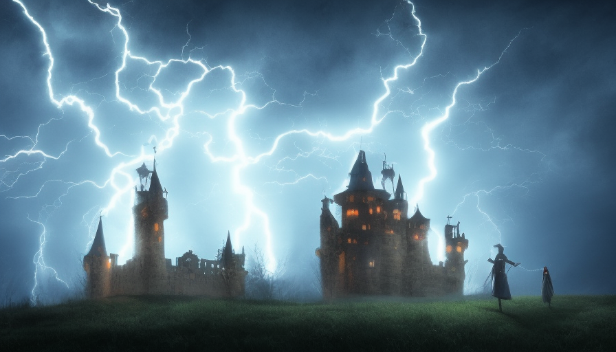 Nightime scene, An Extremely large castle with tower, A lightning storm is occuring. and there is a campire with 5 shadowy people far away from the castle, Gothic and Fantasy, Steampunk, Stormy Day, RPG, Fantasy, Bleak, Dark, Ominous