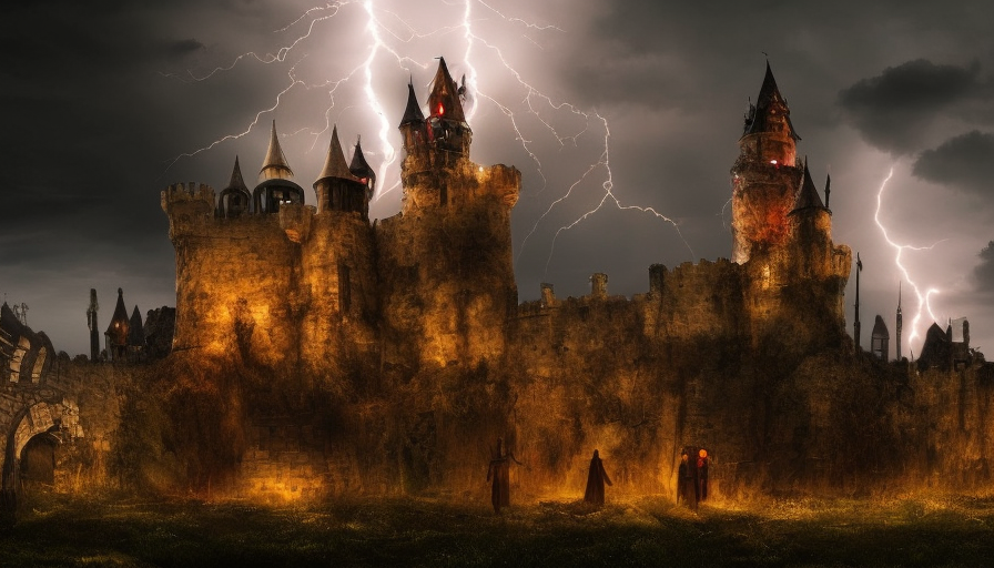 Nightime scene, An Extremely large castle with tower, A lightning storm is occuring. and there is a campire with 5 shadowy people far away from the castle, Gothic and Fantasy, Steampunk, Stormy Day, RPG, Fantasy, Bleak, Dark, Ominous