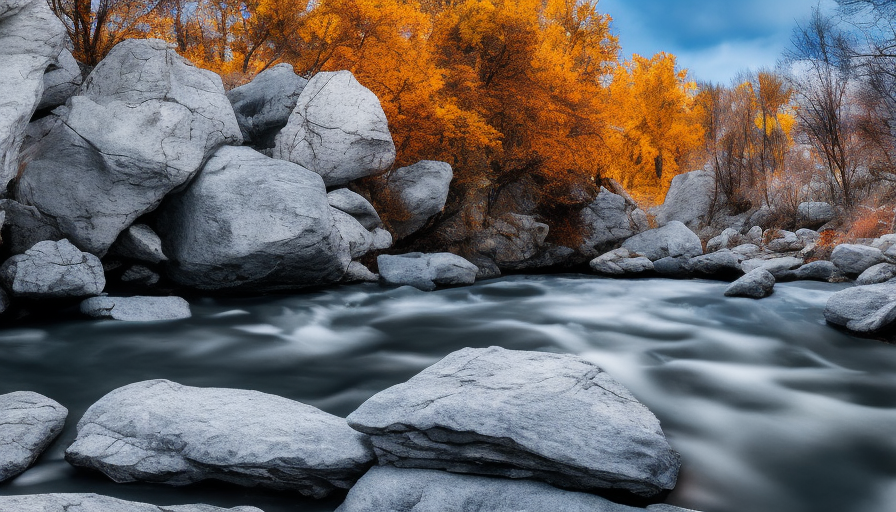 full frame landscape next to the river in winter time, white rocks, silence, 8k, Aesthetic, Award-Winning, HD, High Resolution, Highly Detailed, Contemporary, Stunning, Unimaginable Beauty, Wallpaper, Autumn, Interstellar