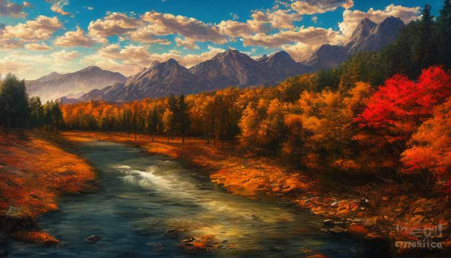 full frame painting next to the river, few trees, mountains in the background, autumn time, golden hour, Aesthetic, High Resolution, Hyper Detailed, Ultra Detailed, Vintage Illustration
