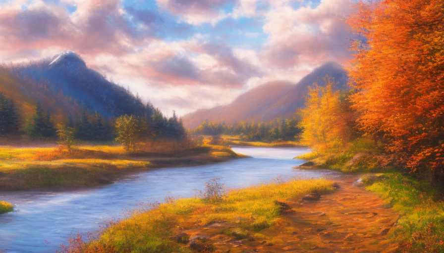 full frame painting next to the river, few trees, mountains in the background, autumn time, golden hour, pastel colors, High Resolution, Hyper Detailed, Ultra Detailed, Fineartamerica, Unimaginable Beauty, Oil on Canvas, Rainy Day