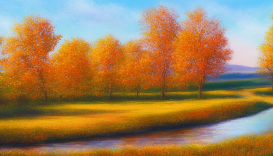 full frame painting next to the river, few trees, wheat fields in the background, autumn time, midnight hour, pastel colors, 8k, Intricate Artwork, Ultra Detailed
