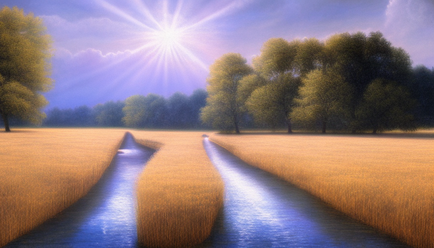 full frame painting of a river, white rocks, few trees, wheat fields in the background, midnight hour, pastel colors, volumetric lighting, rays of light, 8k, High Resolution, Hyper Detailed, Intricate Artwork, Ultra Detailed, Wallpaper, Thunder Clouds by Marina Abramovic